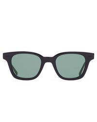 Black sunglasses with green lenses on a white background
