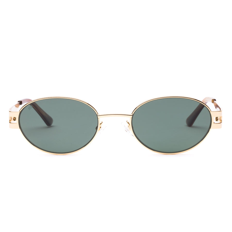 Gold-framed sunglasses with green lenses on a white background