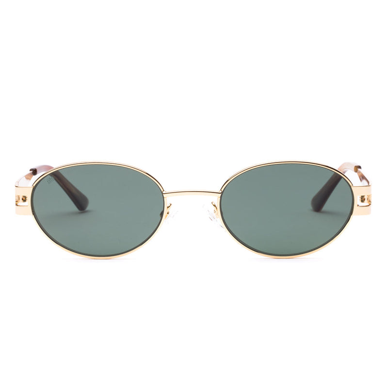 Gold-framed sunglasses with green lenses on a white background