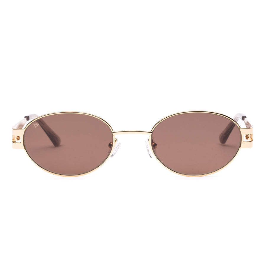 Gold-framed sunglasses with brown lenses on a white background