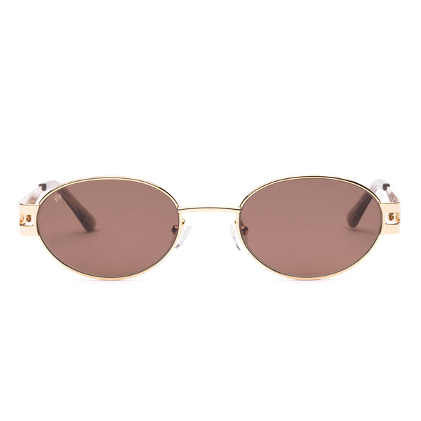 Gold-framed sunglasses with brown lenses on a white background