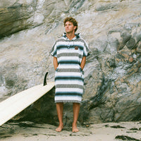 Man standing on a rocky beach wearing a striped towel, with a surfboard beside him.