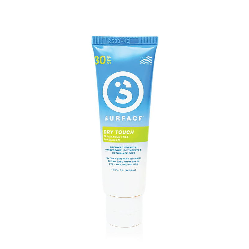 Tube of Surface sunscreen with blue and white packaging on a white background