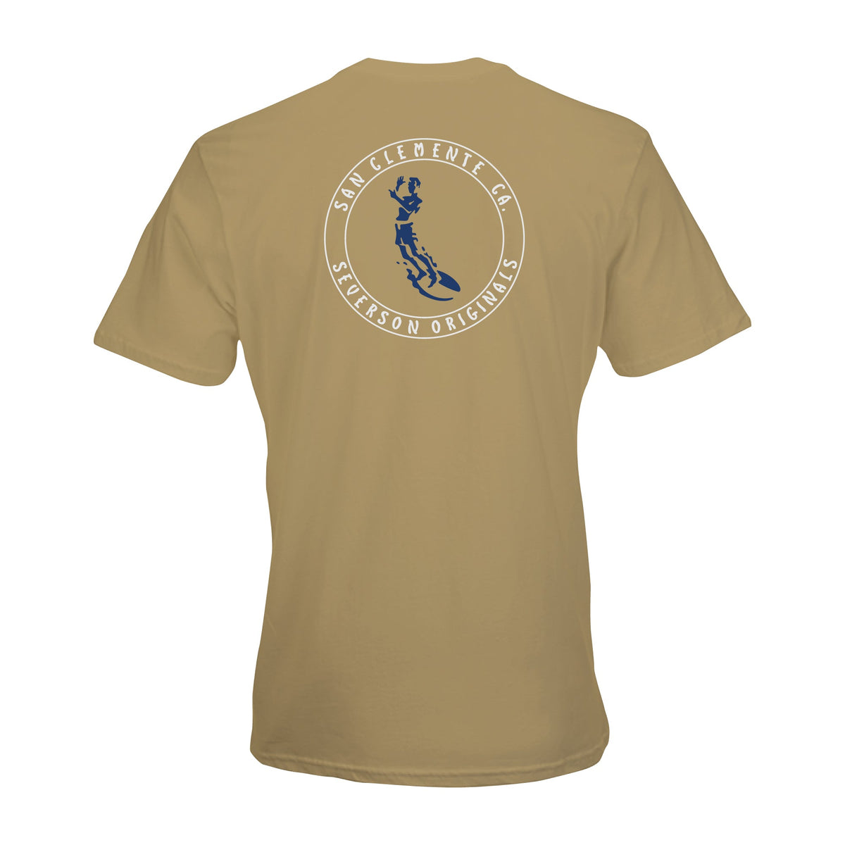 Beige t-shirt with a logo on the back on a white background