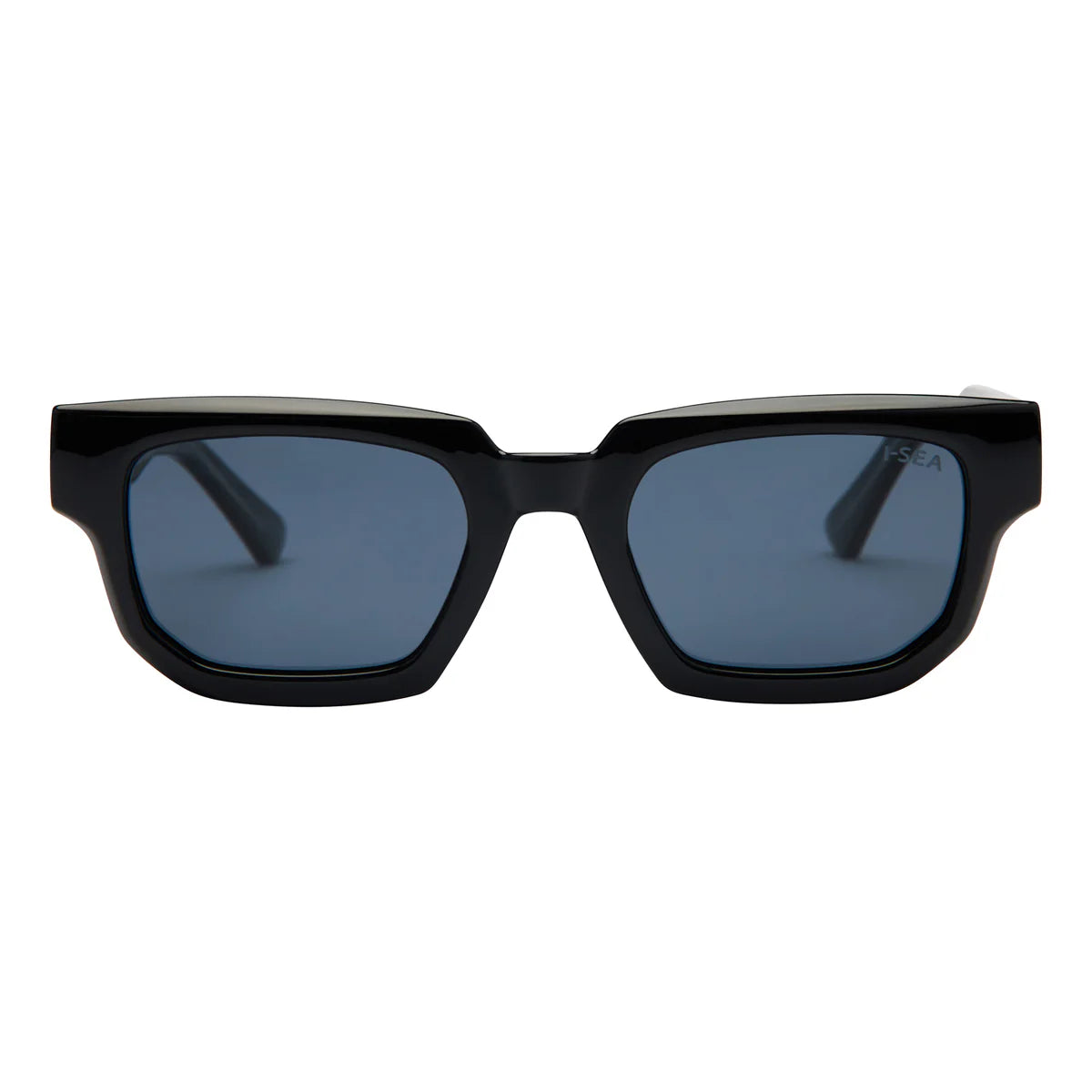 Black sunglasses with blue lenses on a white background