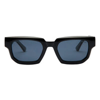 Black sunglasses with blue lenses on a white background