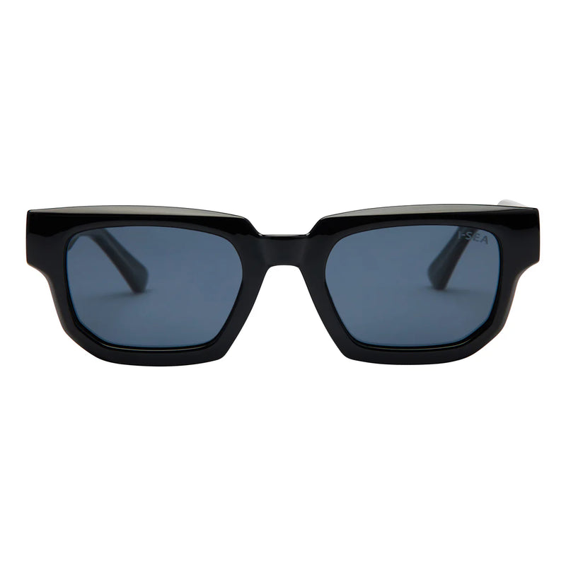 Black sunglasses with blue lenses on a white background