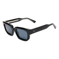 Black sunglasses with a brand logo on a white background