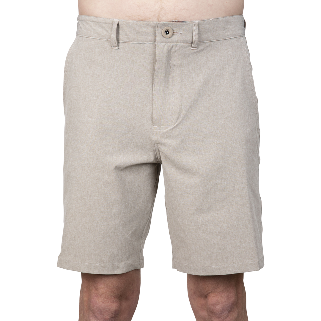 Front view khaki walk shorts on model