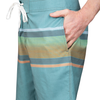 Side view teal boardshorts with stripes on model