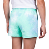 Back view of girl's tie-dye shorts on model