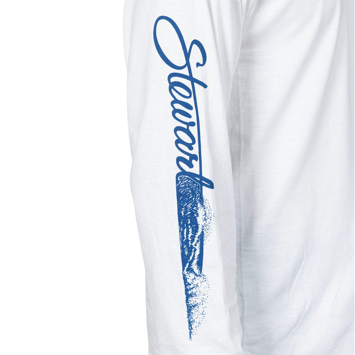 White sweatpants featuring a blue graphic print on the left leg with the word 'Stoner' in a cursive font over a paint-stroke style design.