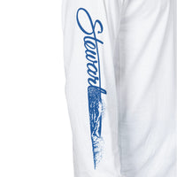 White sweatpants featuring a blue graphic print on the left leg with the word 'Stoner' in a cursive font over a paint-stroke style design.