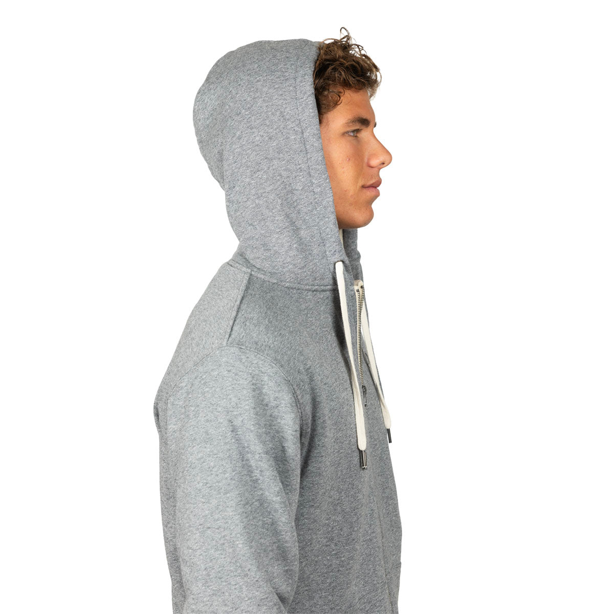 A man wearing a heather gray pullover hoodie with white drawstrings, shown in a side profile view against a plain white background.