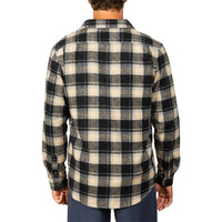 A man viewed from the back wearing a long-sleeve plaid flannel shirt in black and beige, paired with dark blue pants, against a plain white background.