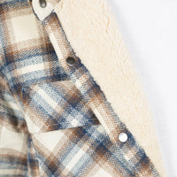 Close-up of a plaid flannel shirt with a cream sherpa lining and metal snap buttons.