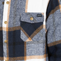 Close-up of a plaid flannel shirt pocket with a snap button flap and a visible Stüssy label, showing navy, gray, tan, and white checks.