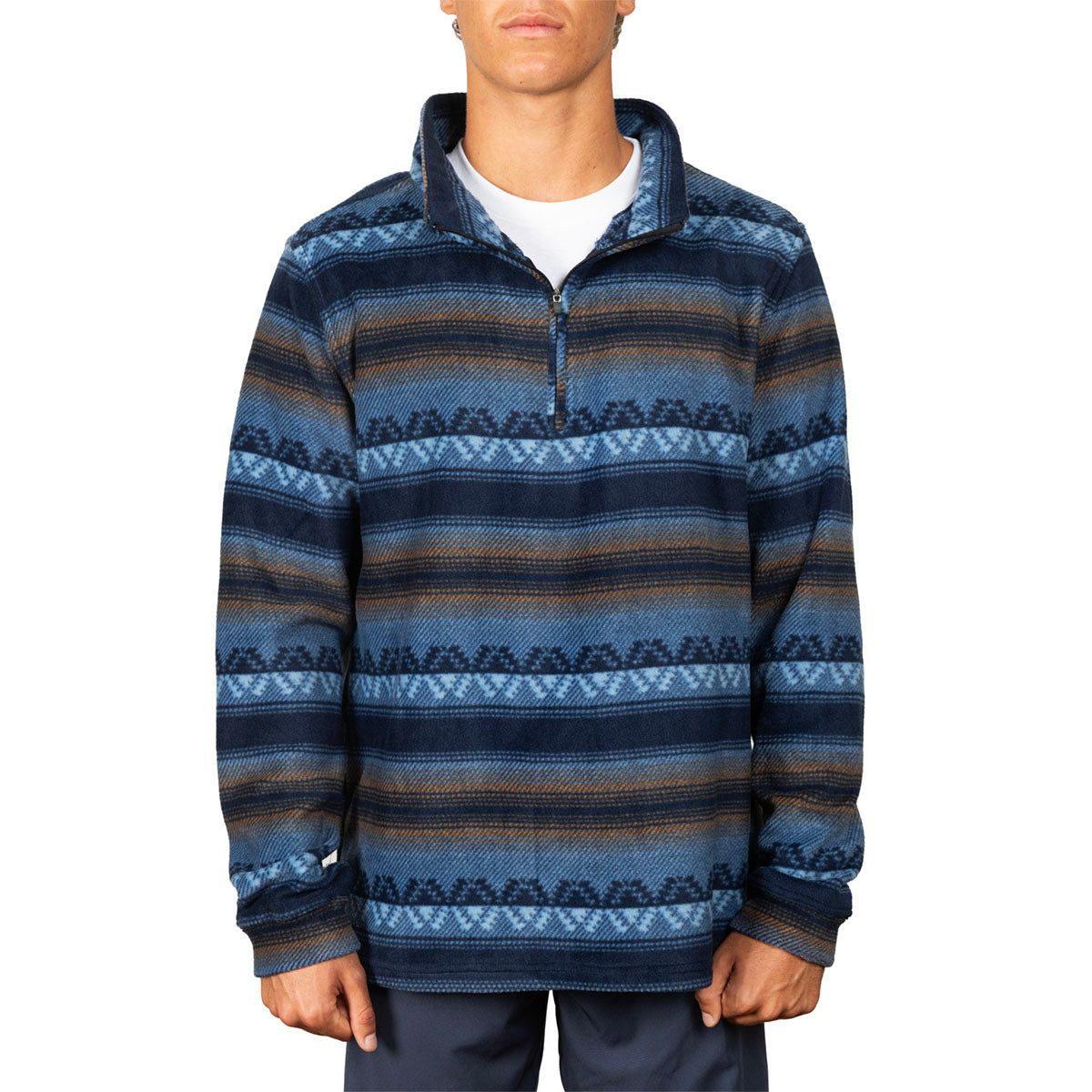 A man wearing a blue and brown patterned quarter-zip fleece pullover sweater, shown from the chin down against a plain white background.
