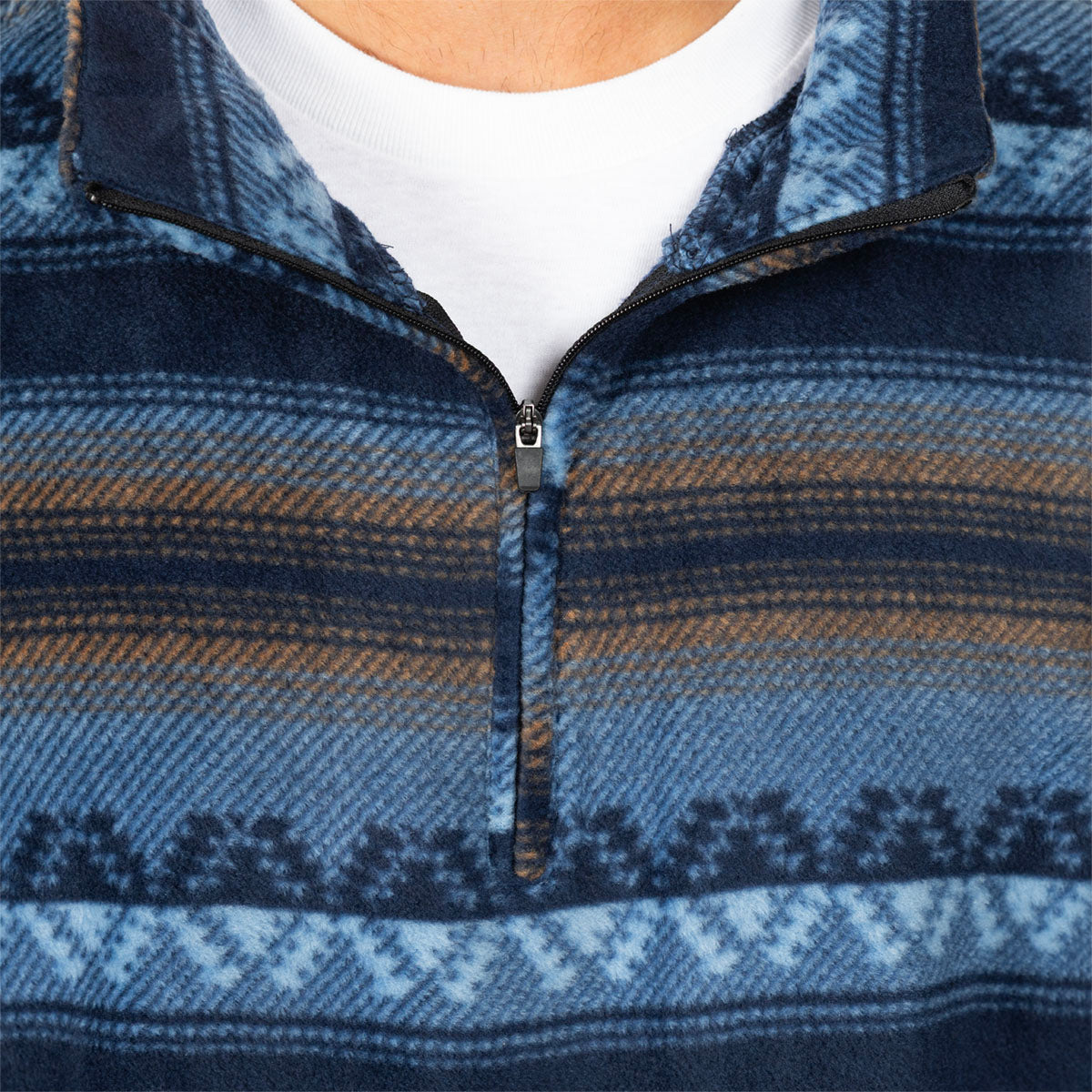 Close-up of a person wearing a quarter-zip fleece pullover in shades of blue and brown with a white undershirt visible at the collar.