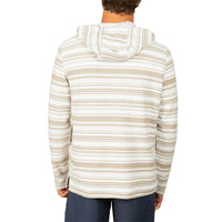 A man viewed from the back wearing a hooded long-sleeve shirt with horizontal beige and off-white stripes, paired with dark blue pants, against a plain white background.