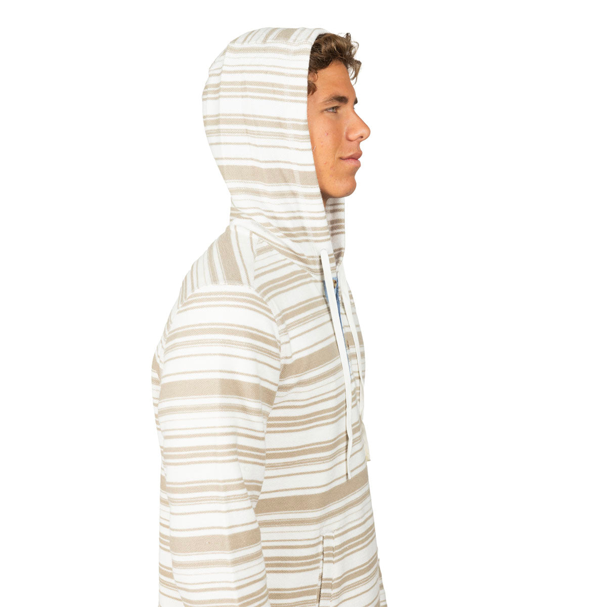 A man shown in profile wearing a hooded long-sleeve shirt with horizontal beige and white stripes, set against a plain white background.