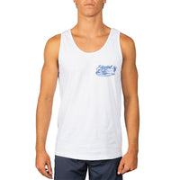 A man wearing a white sleeveless tank top with a blue 'Stewart' graphic on the left chest, paired with navy blue shorts, against a plain white background.