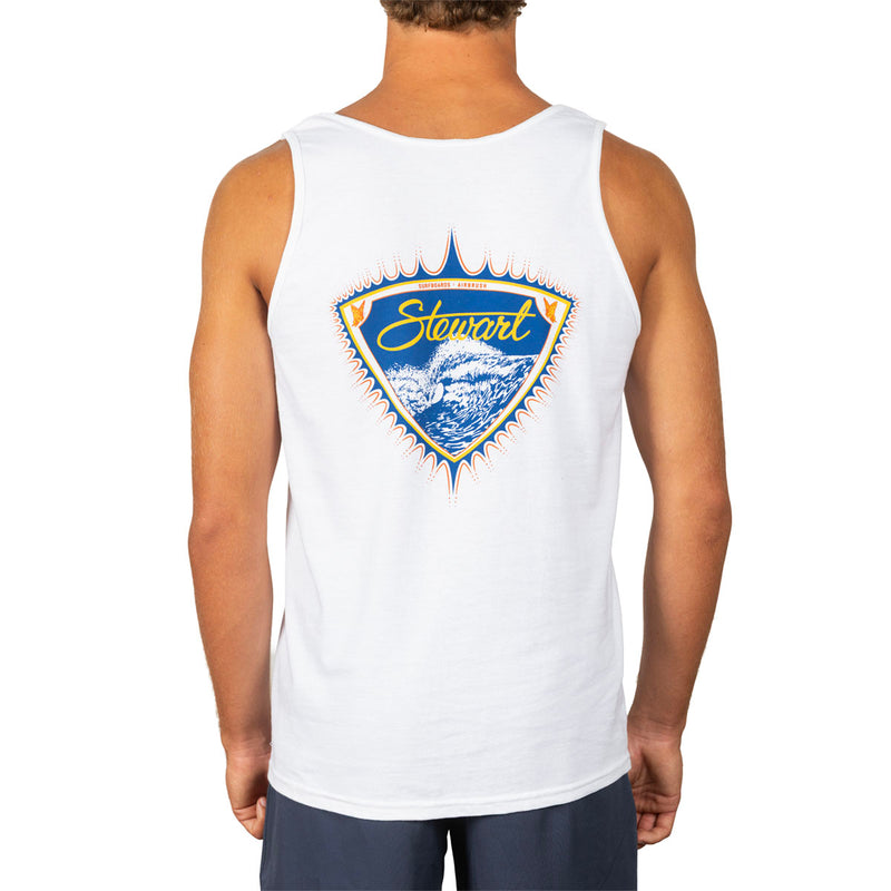 A man wearing a white sleeveless tank top, viewed from the back. The tank top features a large shield-shaped graphic on the center back with a blue ocean wave, yellow lettering that reads 'Stewart', and a blue and yellow border.