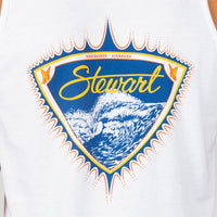 Close-up of a white tank top featuring a large vintage-style graphic print with the word 'Stewart' in yellow script over a blue wave illustration, bordered in orange and yellow.