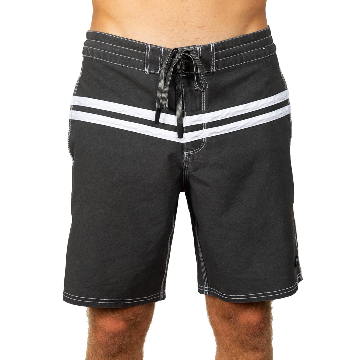 Black board shorts with two white horizontal stripes across the front and a black drawstring waist, shown on a model against a white background.