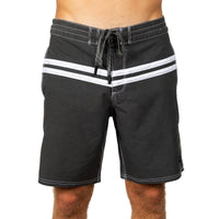 Black board shorts with two white horizontal stripes across the front and a black drawstring waist, shown on a model against a white background.
