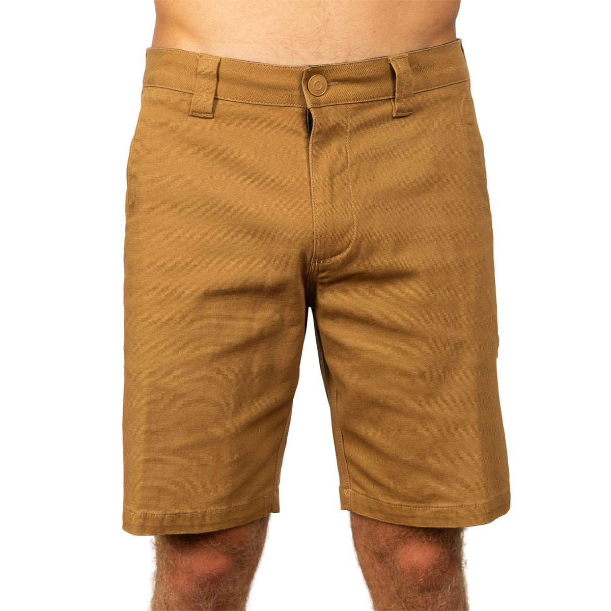 A pair of men's tan chino shorts shown on a model from the waist to mid-thigh against a plain white background.