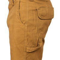 Close-up of a pair of tan work pants showing the side pocket, waistband, and cargo pocket details on a white background.