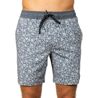 Men's swim trunks with a gray and white floral pattern, featuring a dark gray elastic waistband and a black drawstring, shown on a model against a white background.