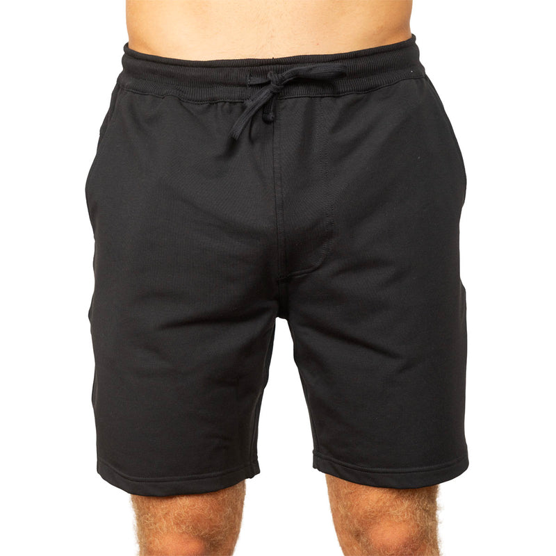 Black athletic shorts with an elastic drawstring waistband, shown on a model against a plain white background.