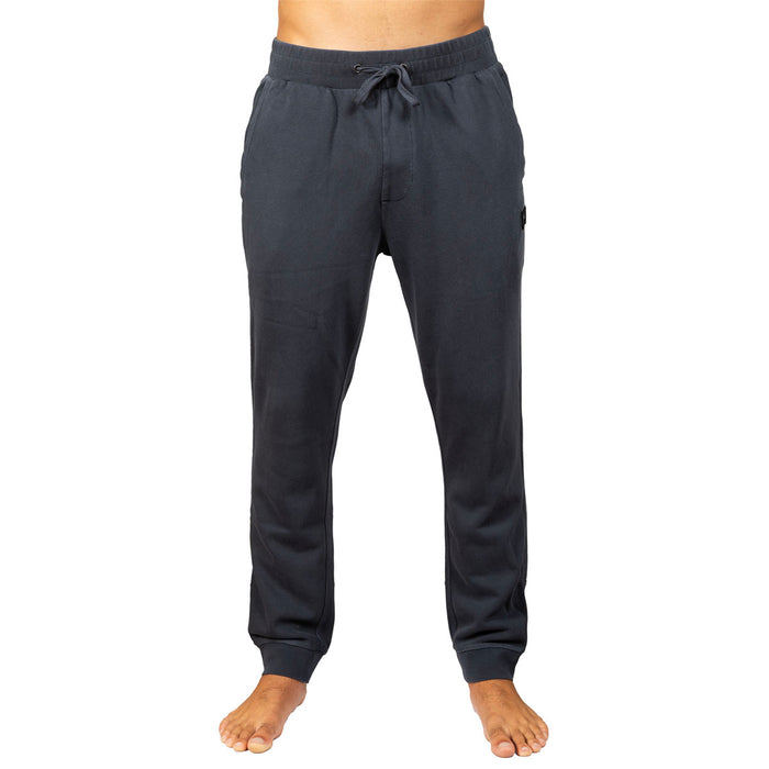 Dark gray jogger pants with an elastic waistband and drawstring, shown on a model from the waist down against a white background.
