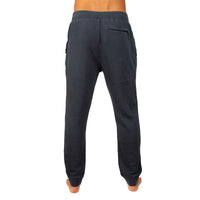 Rear view of a person wearing dark charcoal gray jogger pants against a plain white background.