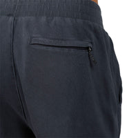 Close-up of the back waistband and side pocket of dark navy corduroy pants, showing a zippered pocket and fabric texture against a white background.