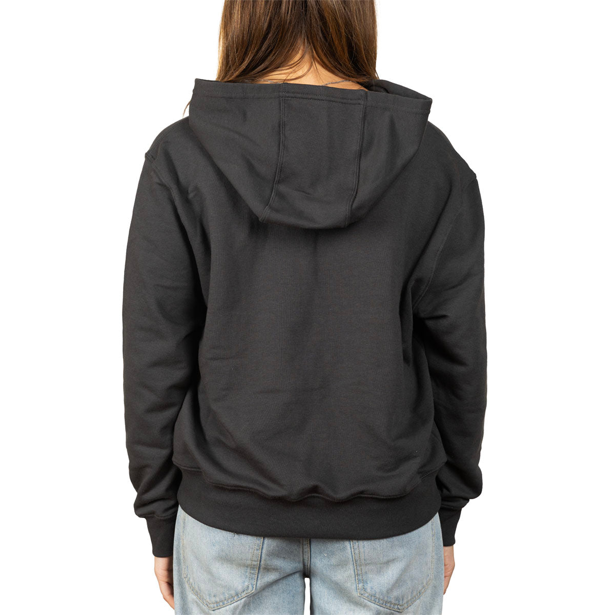 A person viewed from the back wearing a dark charcoal gray pullover hoodie with light blue jeans, set against a plain white background.