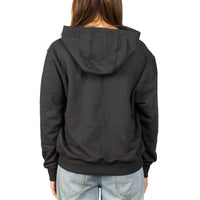 A person viewed from the back wearing a dark charcoal gray pullover hoodie with light blue jeans, set against a plain white background.