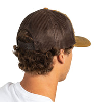 A man shown from the back wearing a brown trucker-style cap with a dark brown mesh back and a tan visor, photographed against a plain white background.
