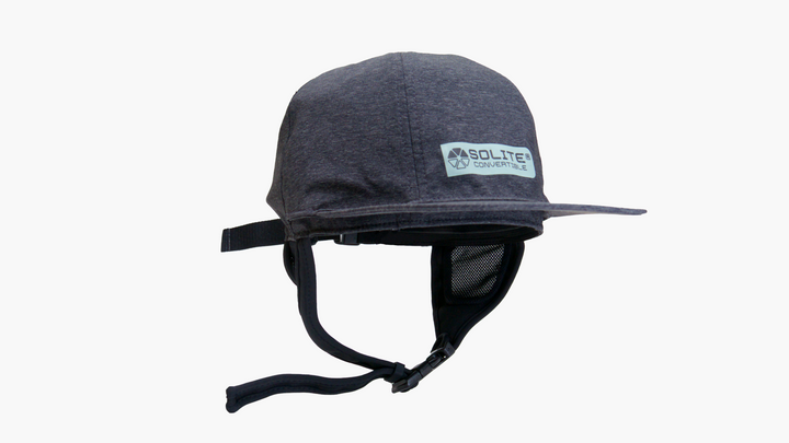 Gray surf hat with black chin strap on a white background