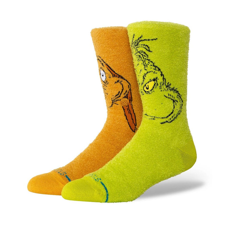 Two socks, one orange and one green, with cartoon character designs on a white background.