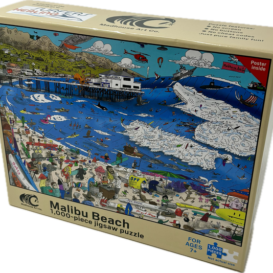 Malibu Beach jigsaw puzzle box with colorful artwork on a white background