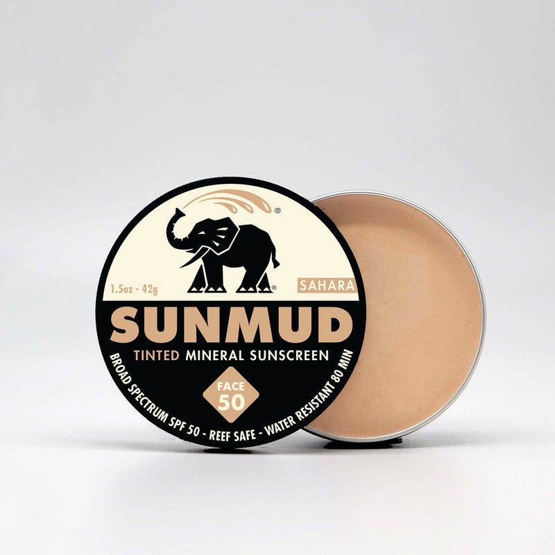Sunmud tinted mineral sunscreen with a black and gold label on a white background