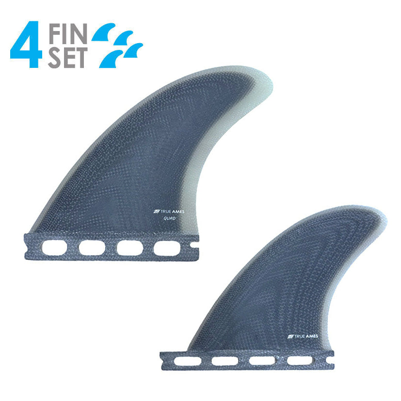 Two surfboard fins with '4 FIN SET' branding on a white background
