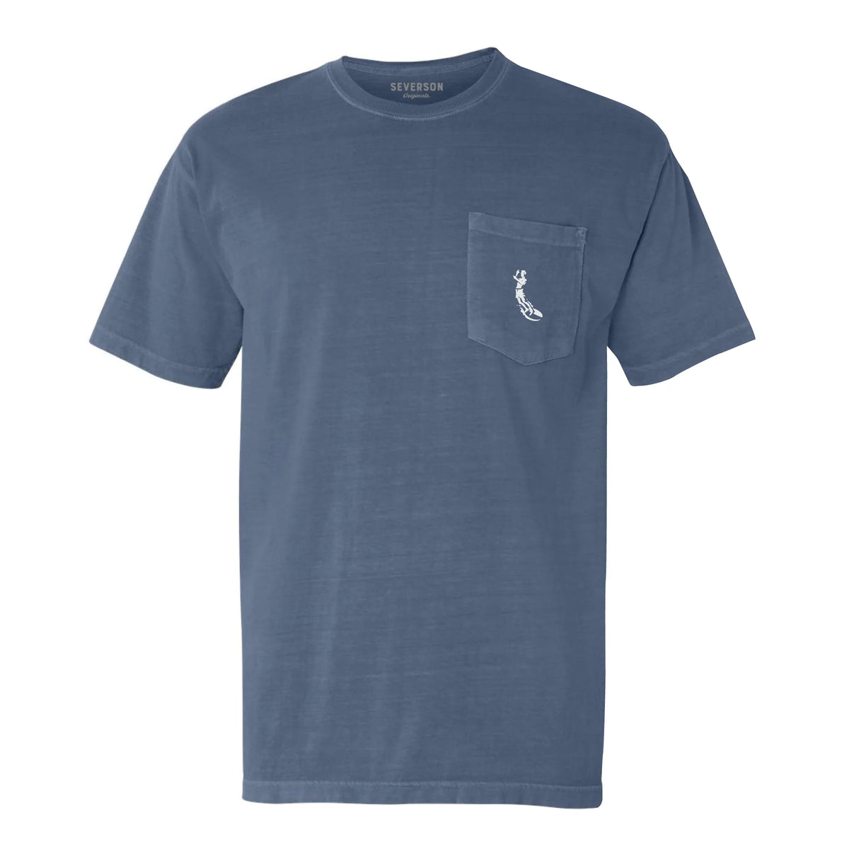 A heathered slate blue short-sleeve crewneck t-shirt with a left chest pocket featuring a small white embroidered scorpion graphic. The brand name 'SEVERED' is visible on the inner neck label.