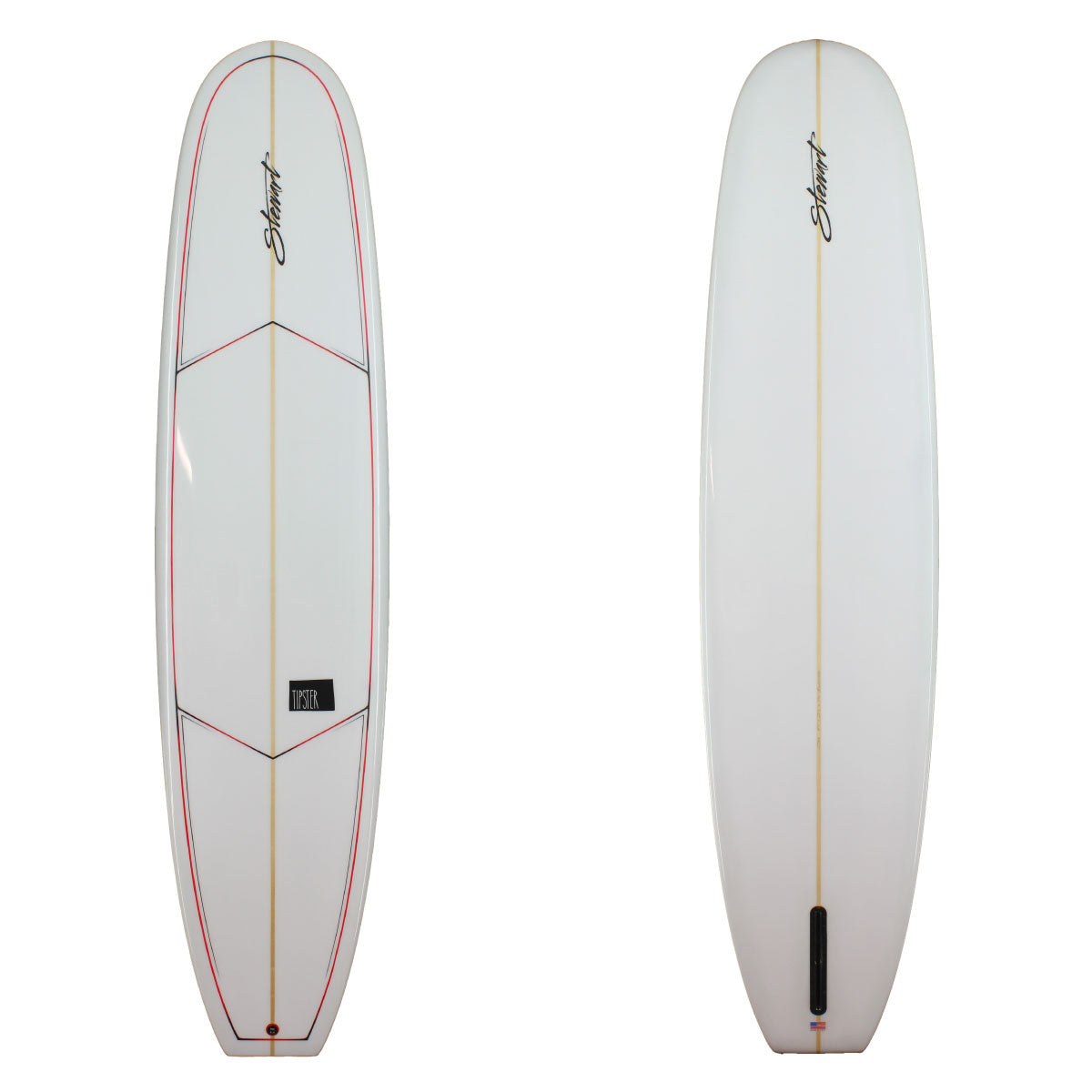 Deck and Bottom view of a stewart Tipster longboard with red and black pinlines and a gloss and polish finish 