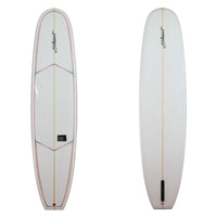 Deck and Bottom view of a stewart Tipster longboard with red and black pinlines and a gloss and polish finish