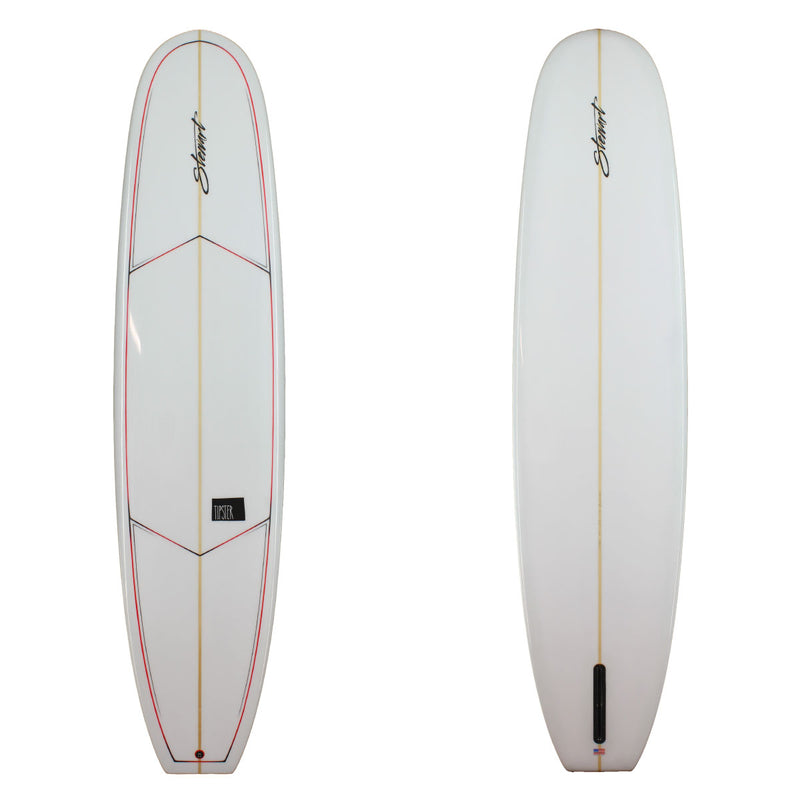 Deck and Bottom view of a stewart Tipster longboard with red and black pinlines and a gloss and polish finish