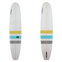 Deck and Bottom view of a Stewart Tipster Longboard with blue green and grey stripe 1/4 the way up the board with a gloss and polish finish 